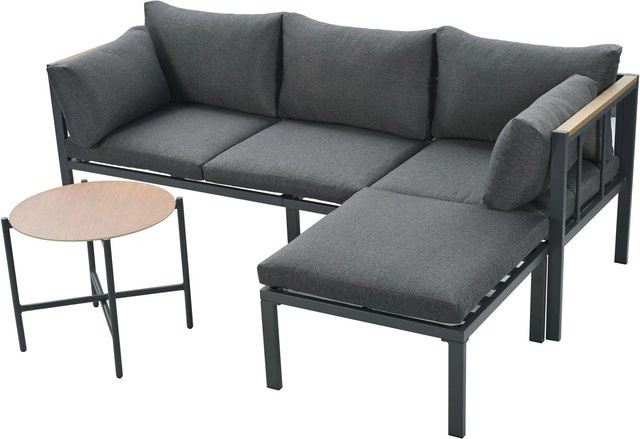 okwish Gartenmöbel-Set Eckgarnitur in L-Form mit Glastisch und Ottoman, Grau - Bild 1