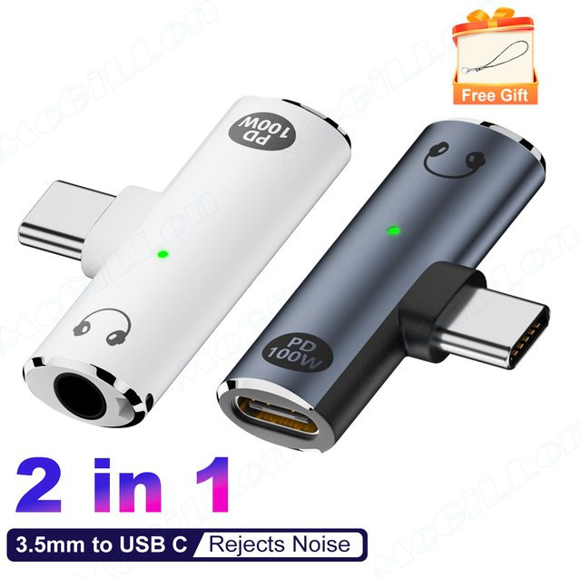 MCGILLON 2-in-1 USB Typ C auf 3,5 mm Kopfhörer Adapter mit PD 100W Ladefunktion, Audio Aux Adapter in Grau für Xiaomi, Huawei und iPhone 15 16 - Bild 1