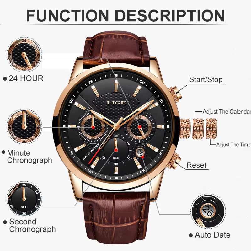 LIGE Chronograph Armbanduhr, Quarz, Leder, Schwarz, Herren - Bild 3