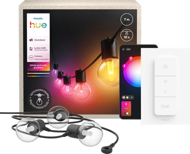 Philips Hue Festavia Globe LED Lichterkette Multicolor mit Dimmer und Fernbedienung, 7 Meter, Transparent - Bild 1