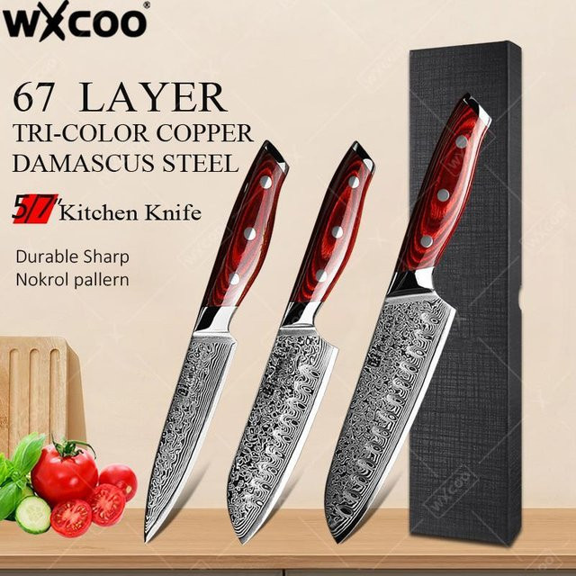 WXCOO Kirschmesser aus Damaststahl mit braunem Holzgriff, handgeschmiedetes japanisches Fleischbeil - Bild 1
