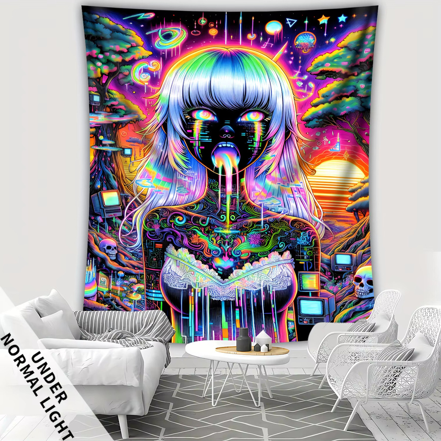 VIKAMA Cyberpunk Girl Wandteppich in Multicolour im Boho-Stil als dekorative Wandillustration für deinen Gaming-Raum oder dein Schlafzimmer - Bild 3