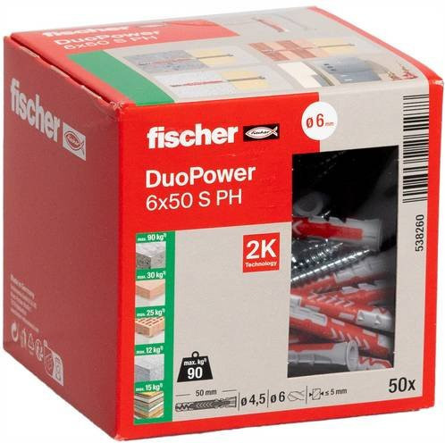 Fischer DUOPOWER Universal-Dübel aus Nylon, Grau/Rot, Durchmesser: 6 mm, Länge: 50 mm, 50 Stück - Bild 2