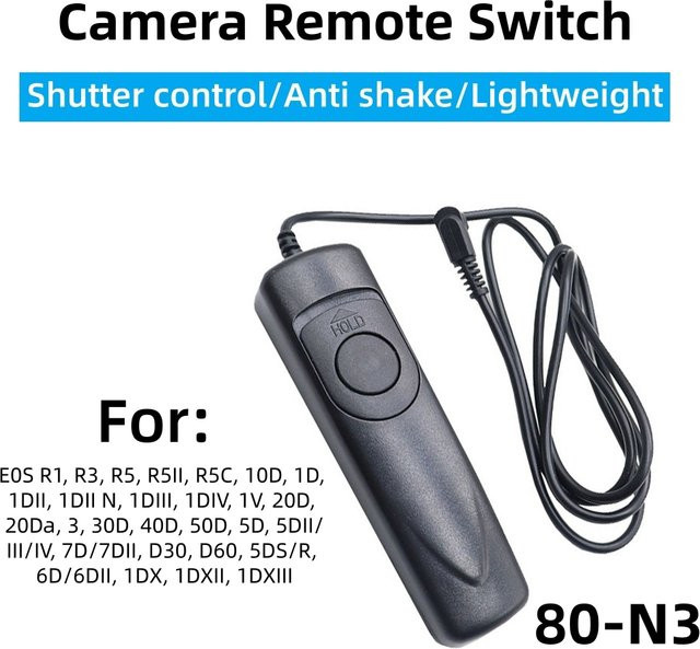 Canon RS-80N3 Kabelgebundener Fernauslöser in Schwarz für EOS R1 R3 R5 R5II R5C 5D IV 5D4 1DX III 1DX II 1DX 7D2 Kamera-Zubehör - Bild 1