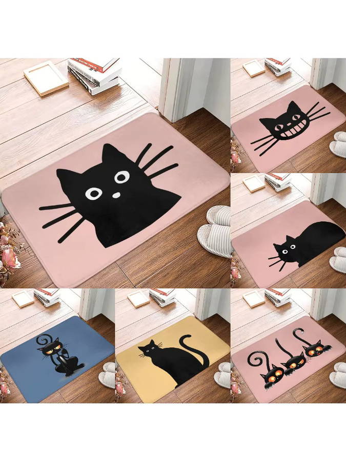 Rutschfester Cartoon-Katzen-Teppich in Rosa, Blau und Gelb mit schwarzem Katzendruck für dein Schlafzimmer - Bild 3