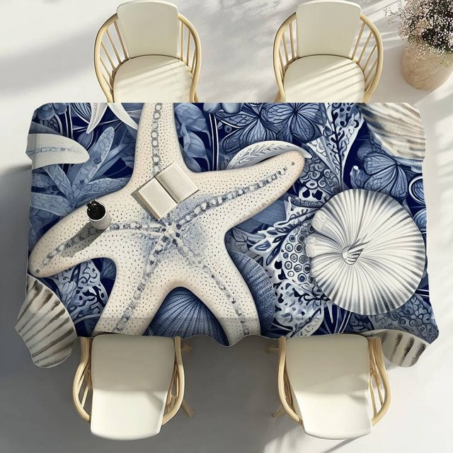 Blaue Seestern Tischdecke von Fancy Style Studio mit maritimem Grafikdesign, wasserabweisend und fleckenabweisend, B/T: 100 x 140 cm - Bild 1