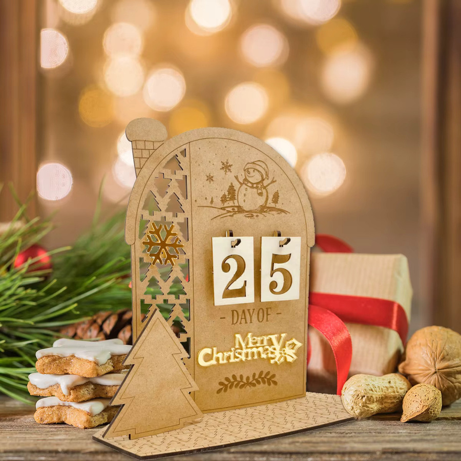 Joy-enlife Holz Adventskalender mit Elch, Schneemann und Weihnachtsbaum in Braun als Tischdekoration - Bild 2