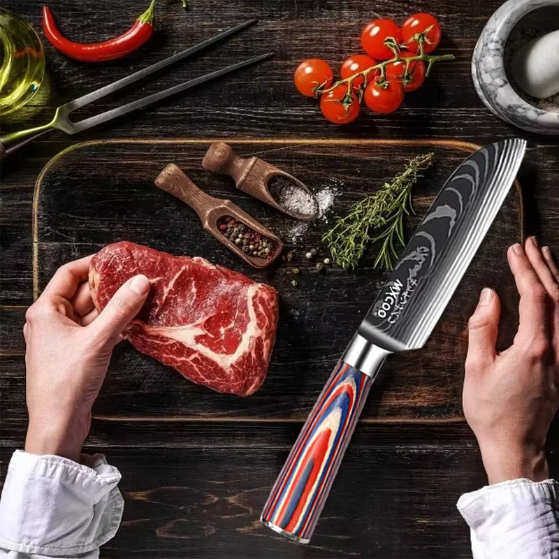 WXCOO Professionelles Kochmesser-Set mit Fleischbeil, Hühnerknochenschere und Japanischem Santoku-Messer, Mehrfarbig - Bild 3
