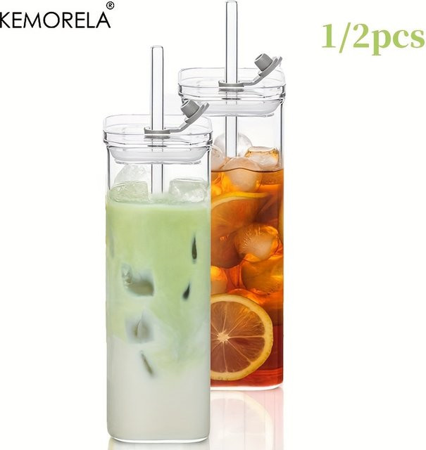 KEMORELA Quadratische Tumbler-Gläser aus Glas, transparente Highball- und Cocktailgläser inklusive Strohhalmen für Eiskaffee, Saft oder Milch, Farbe: Transparent - Bild 1