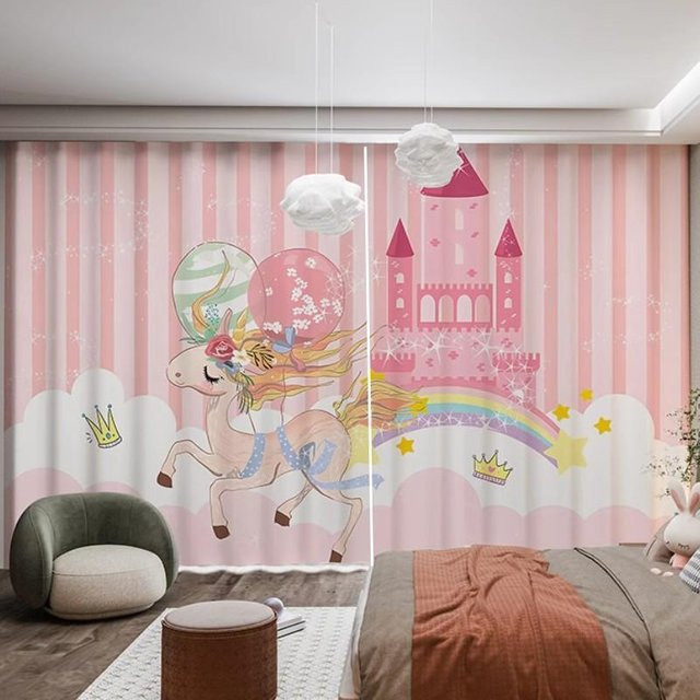 Yiran Furniture Einhorn Vorhang für Kinder und Mädchen in Rosa und Mehrfarbig mit Regenbogen-Motiv, 2er-Set inklusive Haken, B/H: 85 x 200 cm - Bild 1