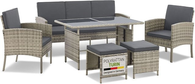 Juskys Polyrattan Gartenmöbel Sitzgruppe Turin Set 6 teilig in Grau Meliert mit Tisch und Polsterung - Bild 5