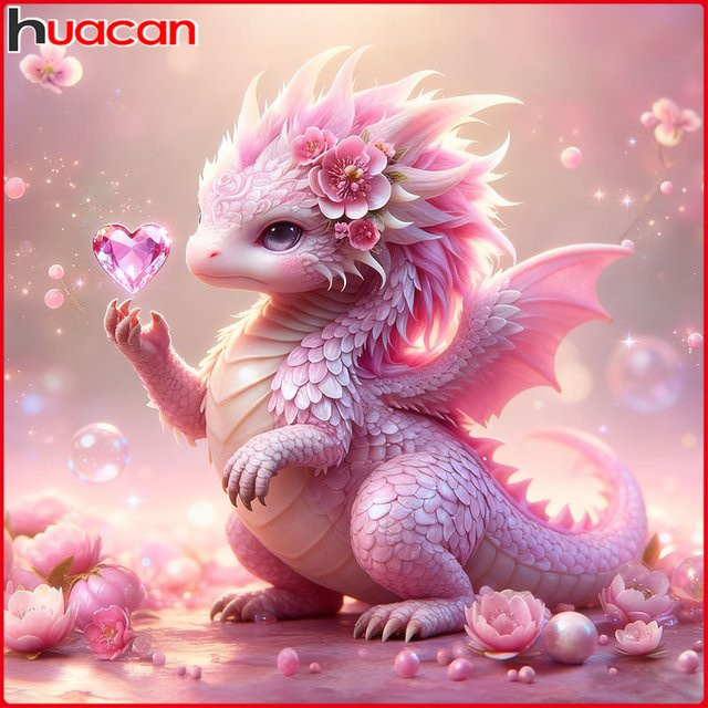 Huacan Diamantgemälde Drachenblume mit Tier- und Blumenmotiven in Pink, modernes Diamantmosaik zur Wanddekoration, Breite: 20 cm, Höhe: 20 cm - Bild 1