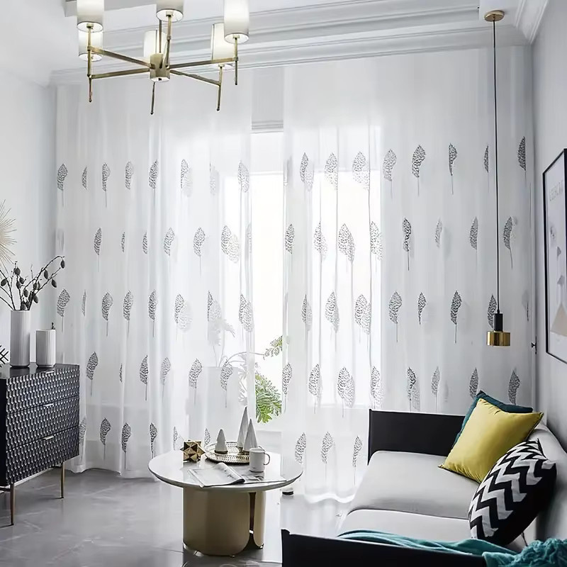 CENTURyMiG Transparenter Vorhang mit floraler Blatt-Stickerei im nordischen Stil, UV-beständiger Polyesterstoff, Farbe: Weiß/Transparent, B: 200 cm, H: 200 cm - Bild 1