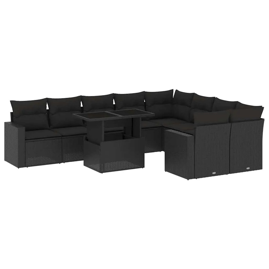 vidaXL 10-tlg. Garten-Sofagarnitur in L-Form aus Poly-Rattan mit Kissen und Armlehnen, Schwarz - Bild 2