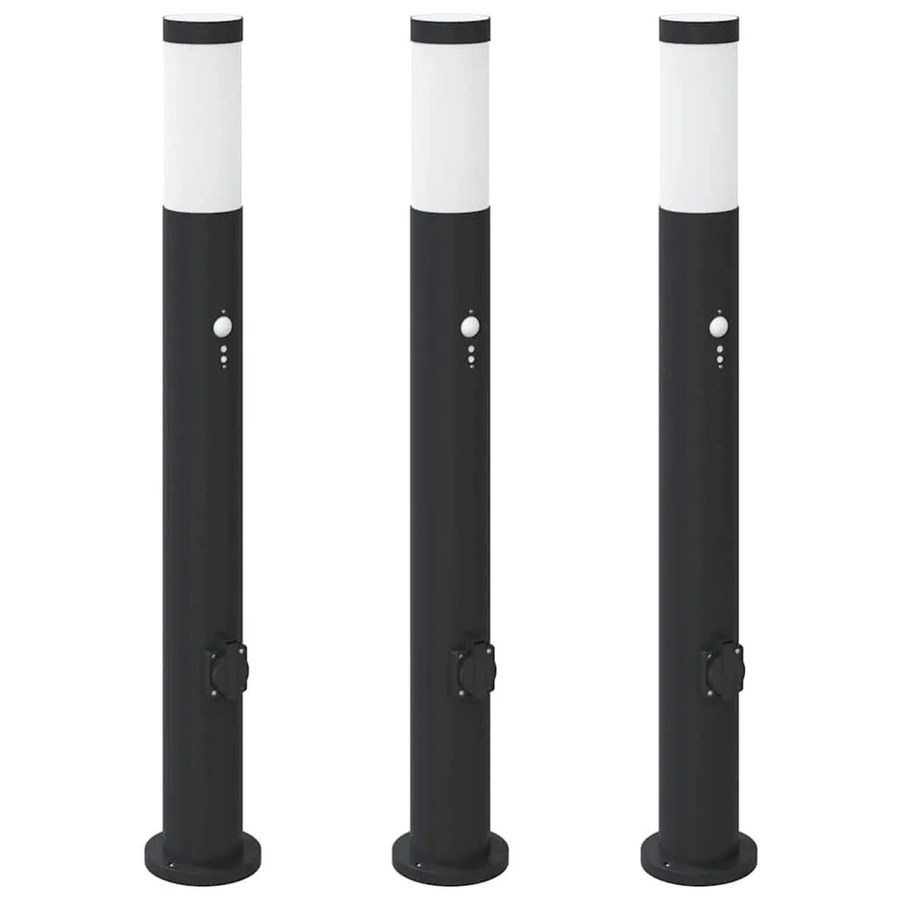 vidaXL Pollerleuchten 3er Set mit Bewegungssensor und Steckdose, Edelstahl und Schwarz, Höhe: 80 cm, IP44 - Bild 2