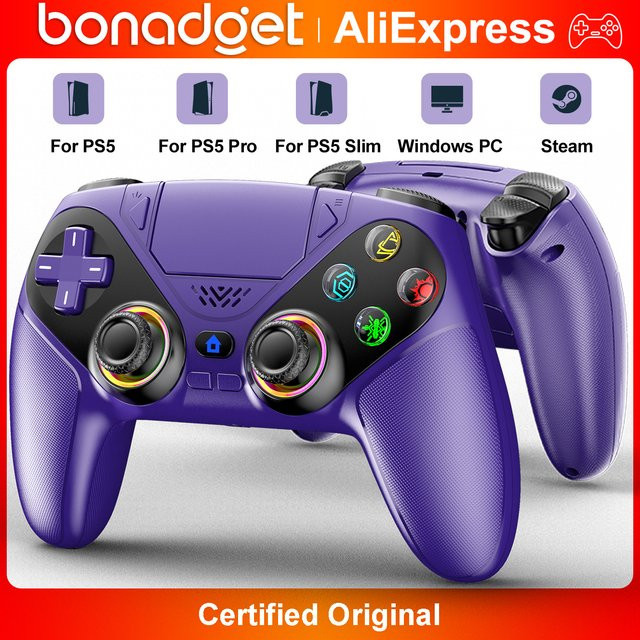 Bonadget Wireless Controller für PlayStation 5 und PC mit RGB-Beleuchtung, 6-Achsen-Gyro und Dual-Vibration in Weiß und Lila - Bild 1