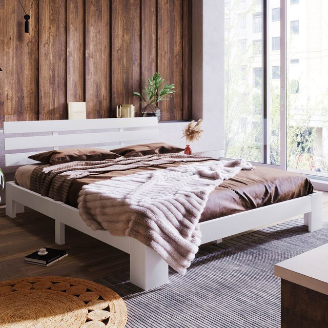 Minimalistisches Doppelbett aus Kiefernholz mit Stauraum von Aosom in Weiß, B/T/H: 140 x 200 x 144 cm - Bild 1