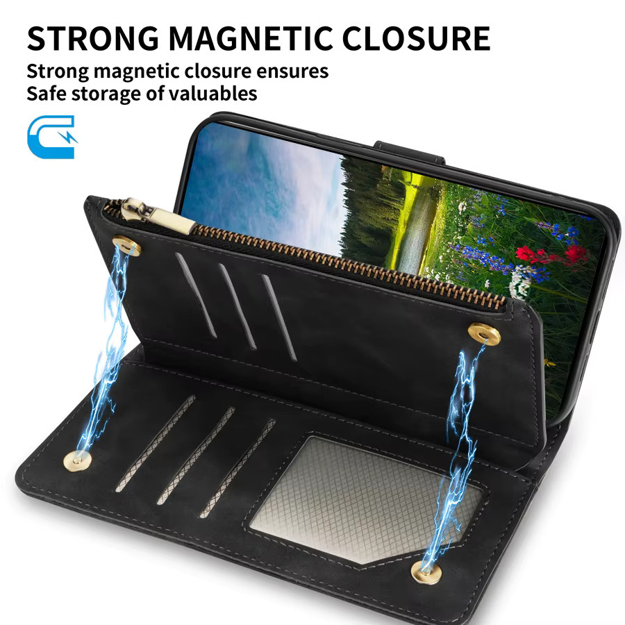 Magnetische Lederhülle mit Multikarten-Slot und Reißverschluss-Brieftasche für Samsung Galaxy S26 Ultra S25 FE A56 A57 A37 A36 A27 A26 A17 A16 in Schwarz oder Rot - Bild 3