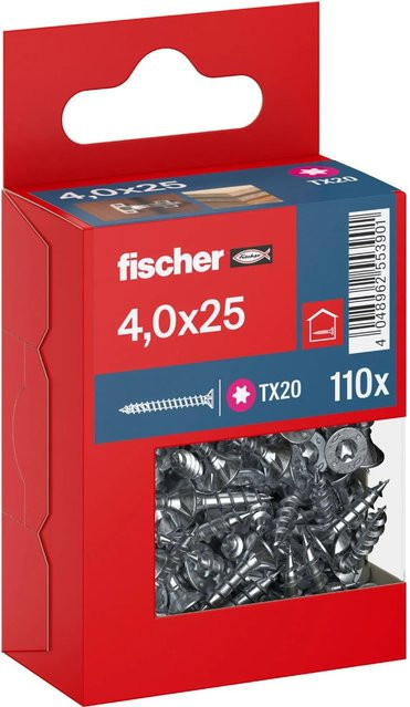 Fischer PowerFast II Senkkopf Schraube mit Torx-Antrieb und Vollgewinde aus verzinktem Stahl, Durchmesser: 4 mm, Länge: 25 mm, 110 Stück - Bild 1