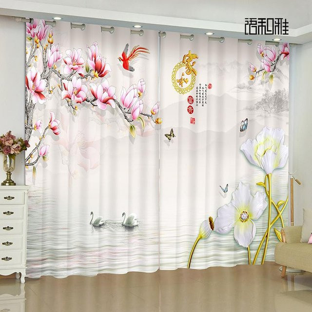 Yiran Furniture 2-teiliger Vorhang mit Blumen- und Vogel-Landschaftsmalerei in Multicolour, halbtransparent, mit Ösen, Breite: 100 cm, Höhe: 130 cm - Bild 1