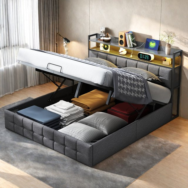 Superaly Doppelbett mit Stauraum und Regal-Kopfteil in Grau, B/T: 140 x 190 cm - Bild 1