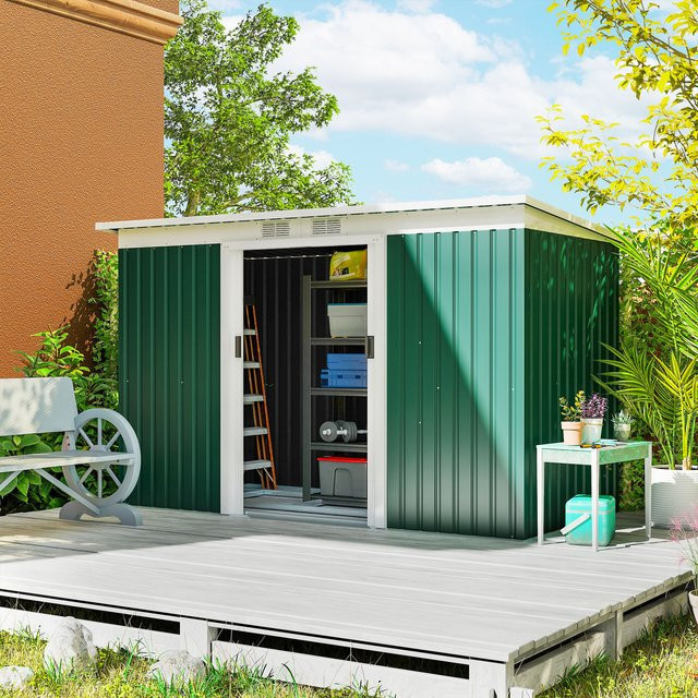Outsunny Gerätehaus Gartenhaus aus Stahl mit Schiebetür und Lüftungsfenster, Dunkelgrün, B/T/H: 280 x 130 x 172 cm - Bild 3