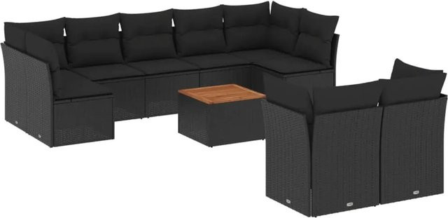 vidaXL 10-tlg Garten-Sofagarnitur in L-Form aus schwarzem PE-Rattan mit Kissen und Gartentisch - Bild 1