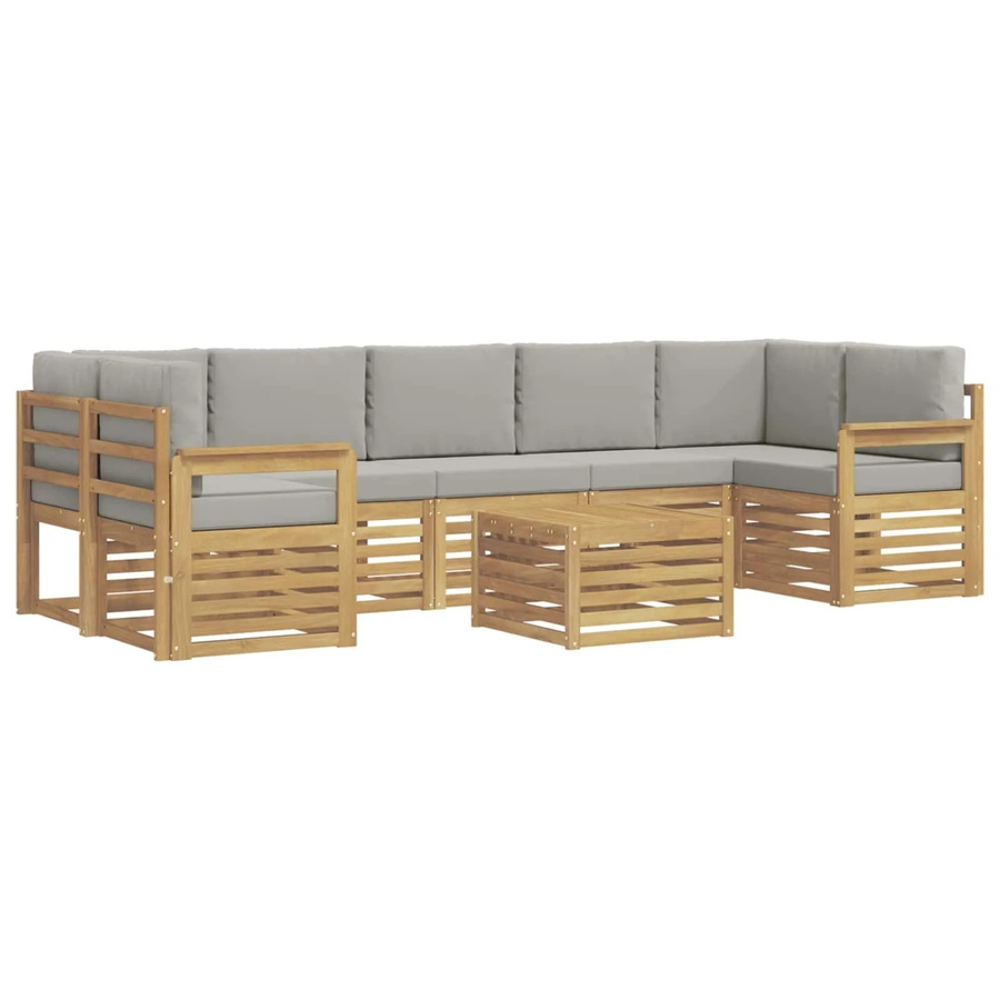 vidaXL Outdoor-Sofagarnitur 8-teilig in L-Form aus Akazienholz mit Polsterkissen, Weiß-Hellgrau - Bild 2