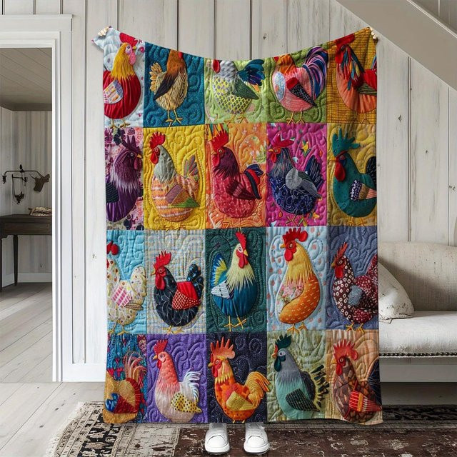 JMG Household Supplies Patchwork Fleece Decke im Bauernhaus-Stil mit Hühner-Motiv, Mehrfarbig, B/B: 150 x 200 cm - Bild 1