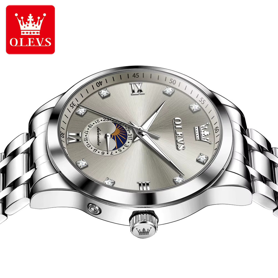 OLEVS Armbanduhr, Automatik, Edelstahl, Silber, Diamant, Mondphase, Herren - Bild 3