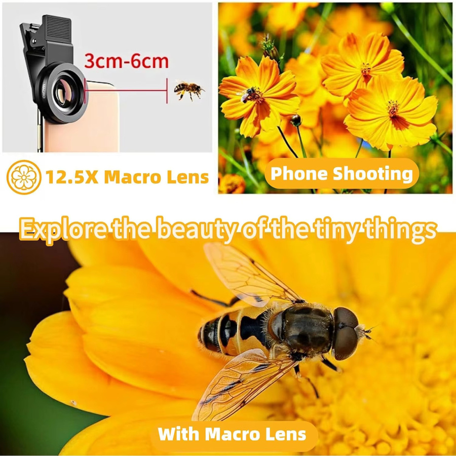 2-in-1 Clip-on Kamera-Objektiv-Kit mit 12,5x Makro und 0,45x Weitwinkel für iPhone, Samsung, Google und Xiaomi in Schwarz - Bild 3