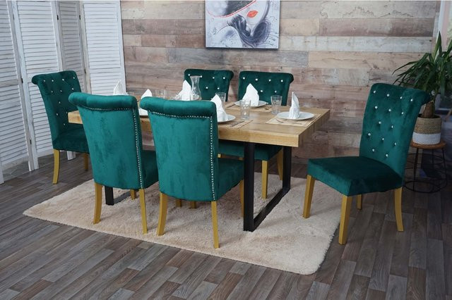 6er-Set Esszimmerstühle MCW D22 mit Chesterfield-Design aus Samt in Dunkelgrün und goldfarbenen Beinen - Bild 1