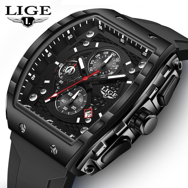 LIGE Armbanduhr, Chronograph, Quarz, Eckig, Schwarz, Silikon, Herren - Bild 1