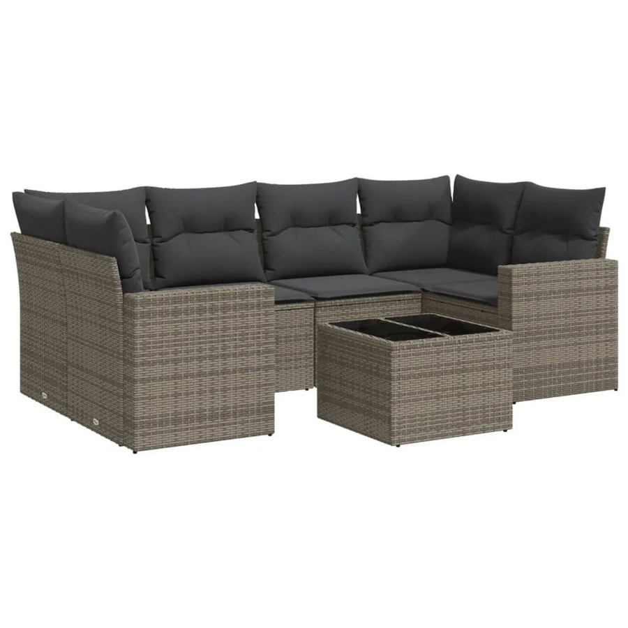 vidaXL 7-tlg. Garten-Sofagarnitur in L-Form aus grauem Poly-Rattan mit Kissen und Couchtisch - Bild 2