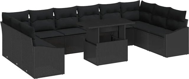 vidaXL Garten-Sofa-Set in U-Form mit 11-teiligem Polster-Set und Kissen-Stauraum, Schwarz - Bild 1