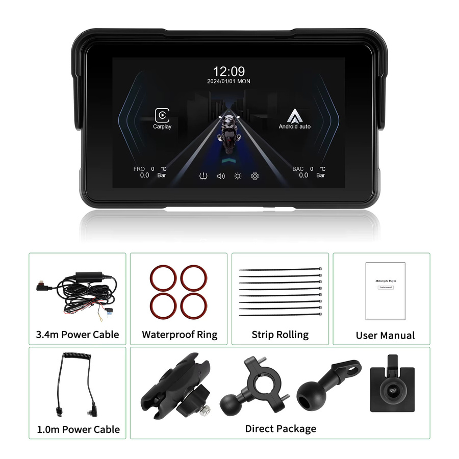 Podofo 5 Zoll HD-Bildschirm Tragbarer Smart Player für Motorräder mit Android Auto und Apple CarPlay, IP68 Wasserdicht, Schwarz - Bild 6