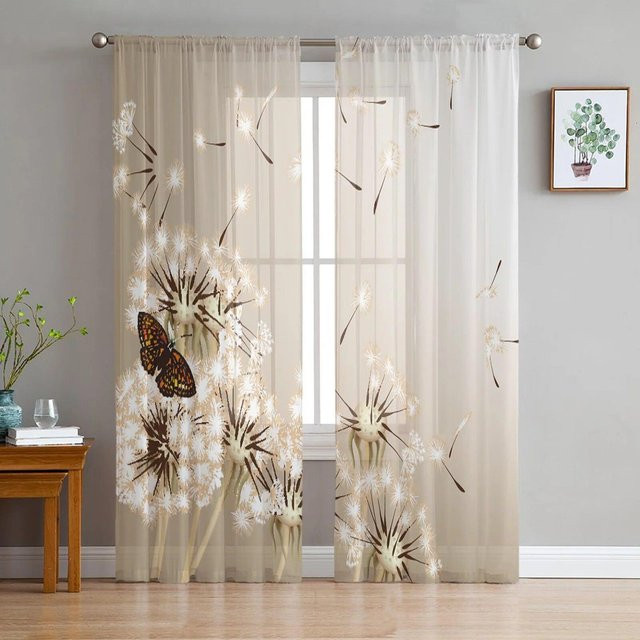 Transparente Tüllvorhänge mit Löwenzahn-Blumen von A Family Of Home Textiles in Beige, B: 135 cm, H: 114 cm - Bild 1