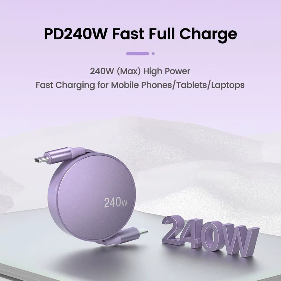 PD 240 W USB-C-auf-USB-C-Kabel, einziehbares Schnelllade-Datenkabel für Mobiltelefone und intelligente Geräte, Farbe: Lila, Länge: 1 m - Bild 1