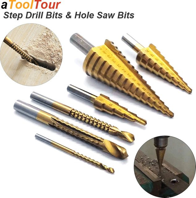 atooltour Stufenbohrer aus HHS mit Titanbeschichtung in Gold, gezahnt und seitlich geschnitten für Metall, Holz, Edelstahl und Aluminium - Bild 1