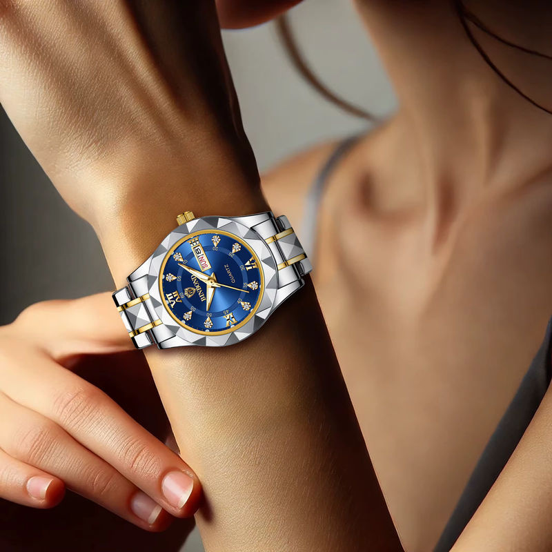 Elegante Quarzuhr für Damen in Gold und Blau mit Datumsanzeige und Nachtlicht aus Metall - Bild 2