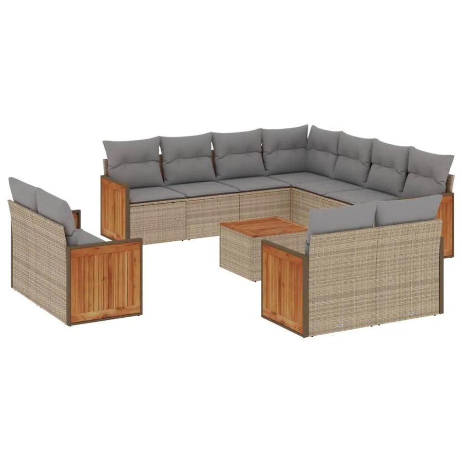 vidaXL 12-teilige Garten-Sofagarnitur aus Poly-Rattan und Akazienholz in Beige-grau mit Kissen - Bild 2