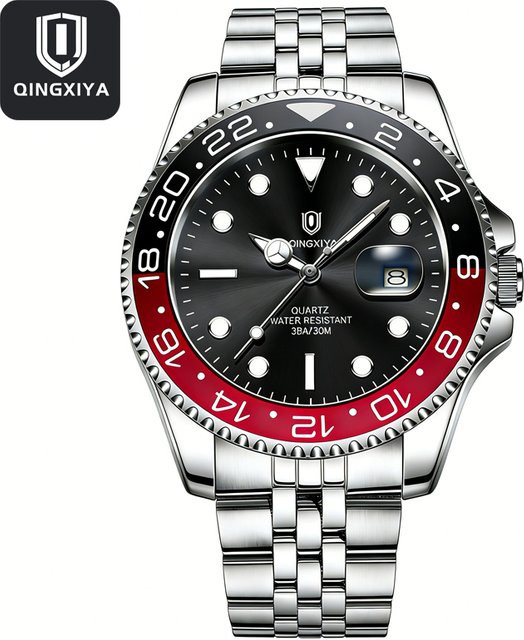 QINGXIYA Armbanduhr, Quarz, Edelstahl, Schwarz, Silber, Herren - Bild 1