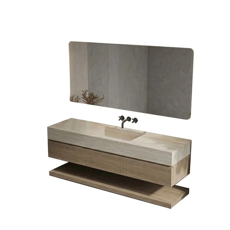 360Home Badmöbel Set in Beige mit Sinterstein Waschbecken im Travertine Look, Spiegelschrank mit LED-Beleuchtung und Antifog-Funktion sowie Unterschrank und Seitenschrank, B/T/H: 130 x 55 x 150 cm - Bild 2