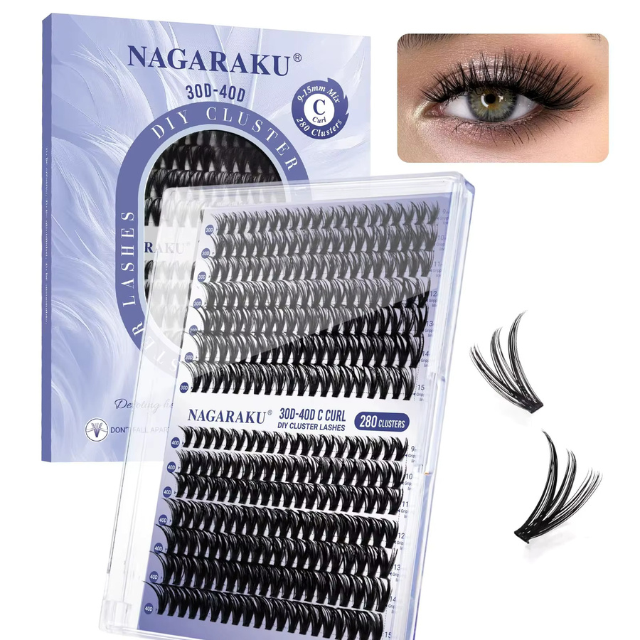 NAGARAKU Künstliche Wimpern Cluster, D-Curl, 9-15mm, Schwarz, Matt, Unisex - Bild 5