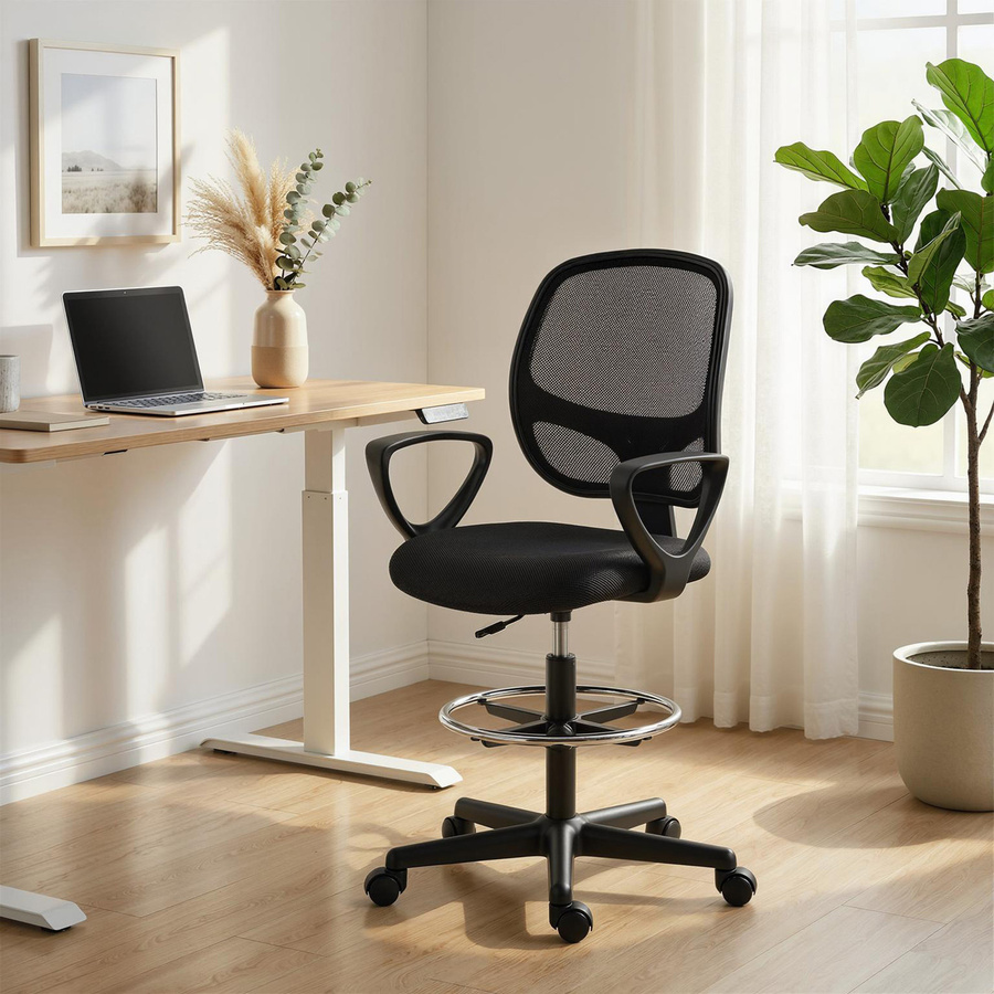 HOMCOM ergonomischer Bürodrehstuhl als Zeichenstuhl mit Armlehnen und Fußring, schwarz - Bild 2