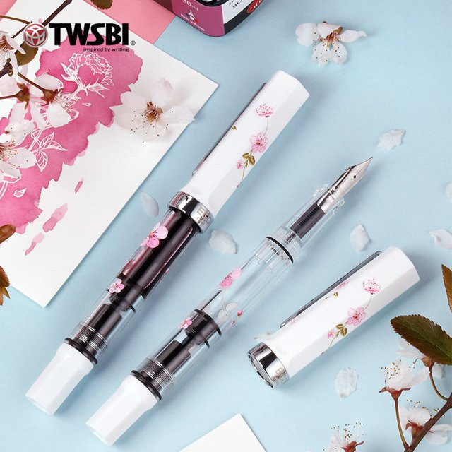 TWSBI ECO Limited Edition Sakura Kolbenfüll-Füllfederhalter aus transparentem Harz in Rosa-Weiß mit Kirschblüten-Design - Bild 1