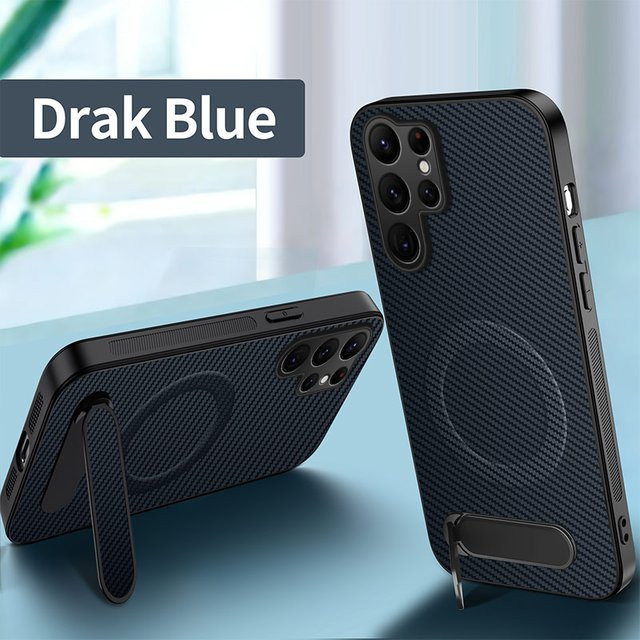 Magnetische Standhülle aus Kohlefaser und Leder für Samsung Galaxy S26 Ultra S25 Edge S24 FE S23 S22 S21 Plus in Schwarz mit MagSafe Kompatibilität - Bild 1