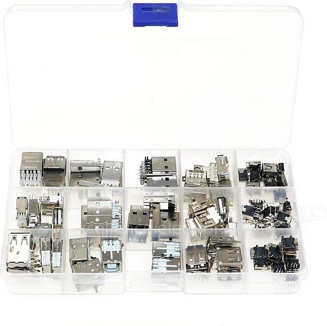 82-teiliges Set mit 14 Varianten USB-Stecker und -Buchsen von ZSDZFYLLK in Silber, Mini-USB SMD vertikale Anschlüsse für Lade- und Datenübertragung bei deinen DIY-Projekten - Bild 1