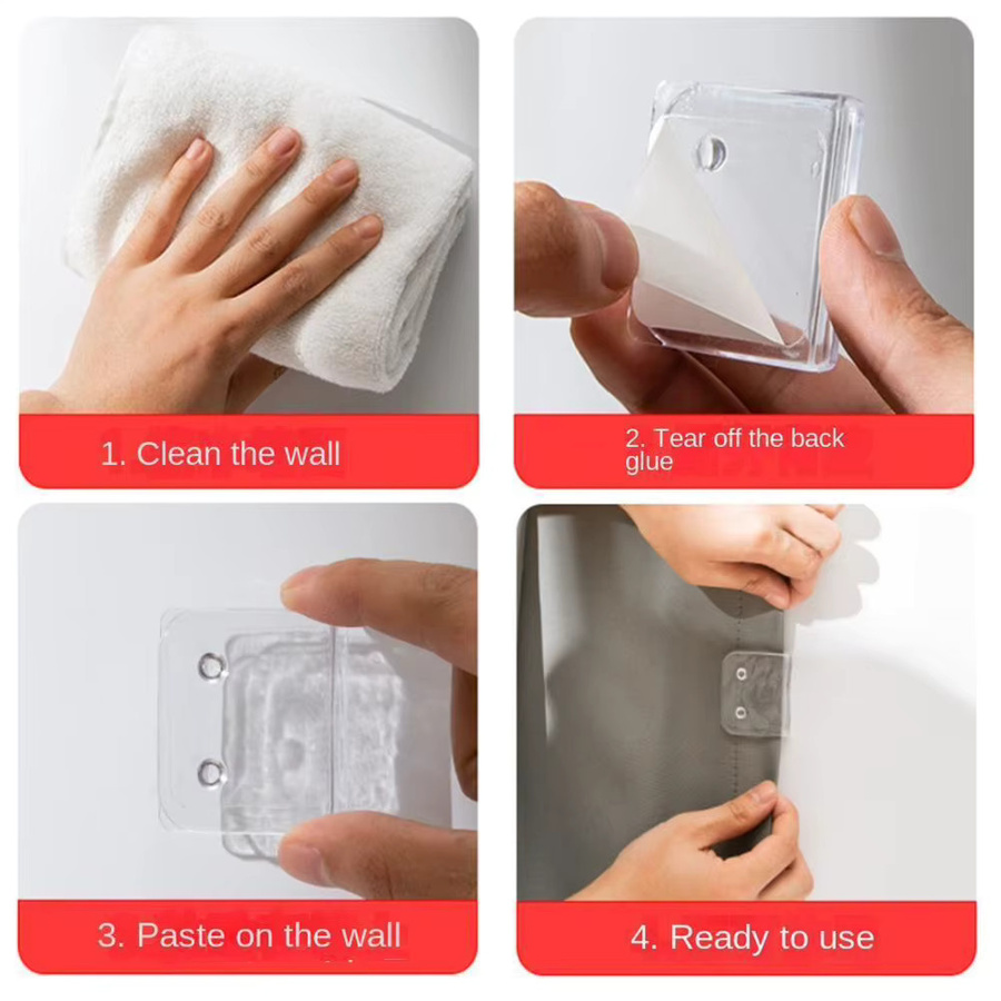 4 Stück selbstklebende Duschvorhang-Clips aus transparentem Kunststoff zur winddichten Befestigung im Badezimmer - Bild 4