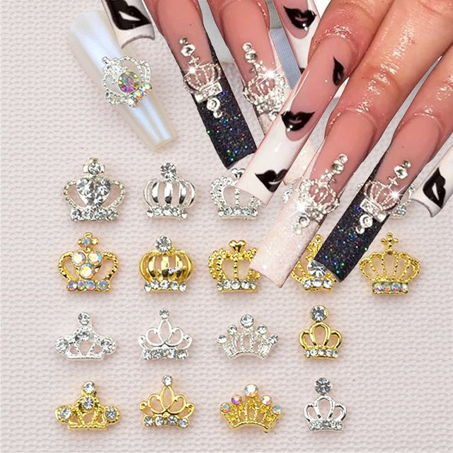 felaxuu Nagel Charms Krone, 10 Stück, Silber Gold, Kristall Diamant - Bild 1